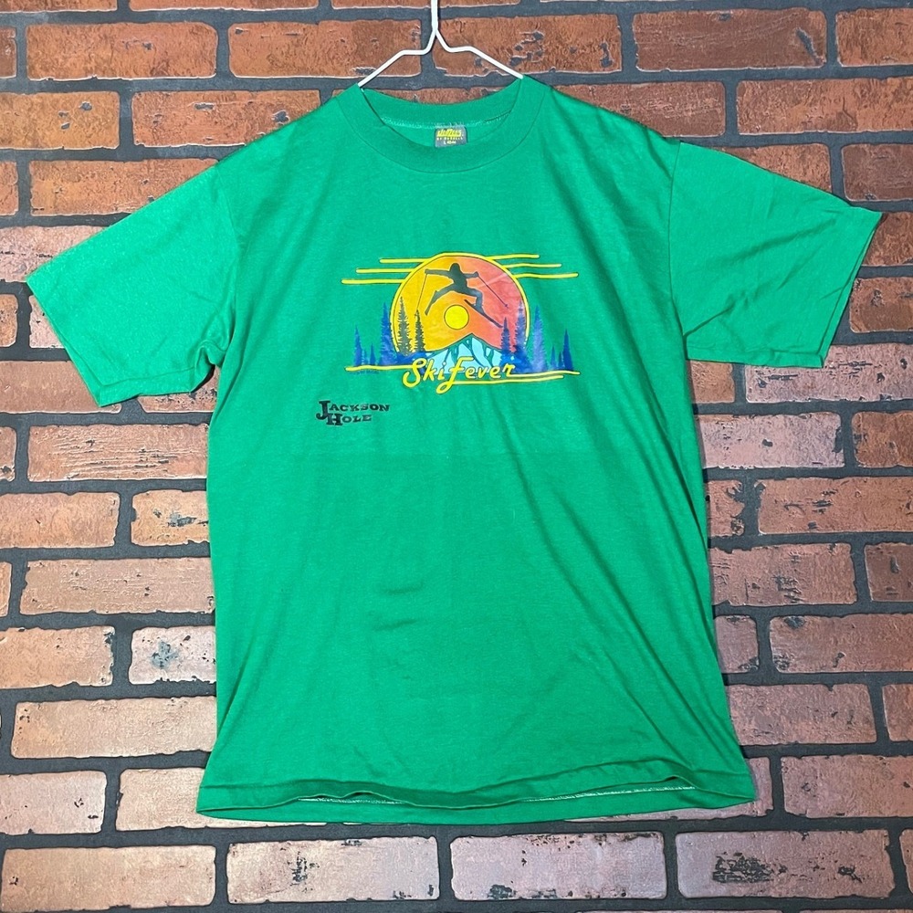 JerZees Vintage 1980 Jackson‎ Hole Ski Fever Skier Graphic Made in the USA Green